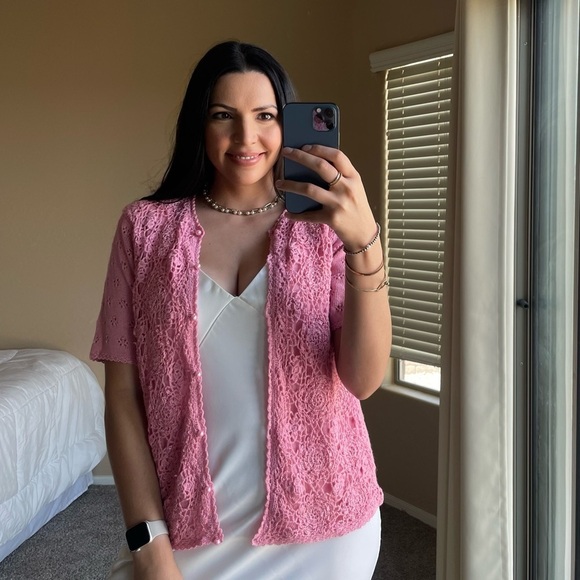 Vintage Pink Jacquline Smith Crochet Short Sleeve Cardigan - Picture 4 of 8